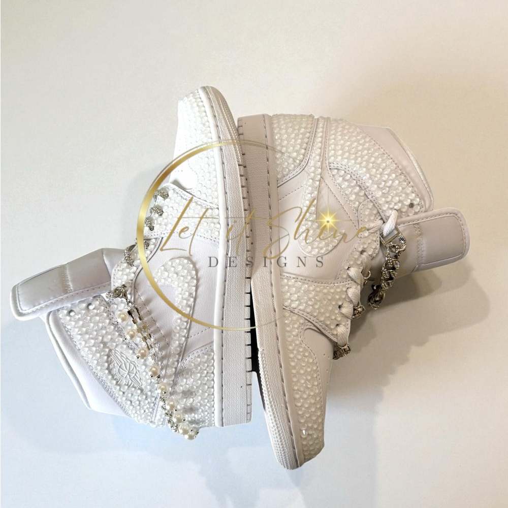White Bling Wedding Jordan 1 Mid Custom Rhinestone Sneakers - Picture 9 of 12